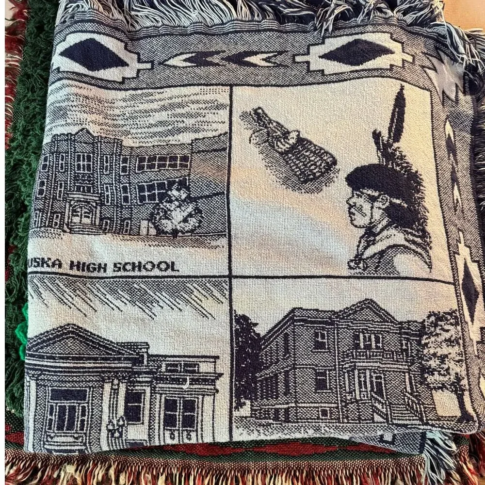 VTG Pawhuska Oklahoma Tapestry Throw Osage County NAVY BLUE 45x64, Fringe READ
